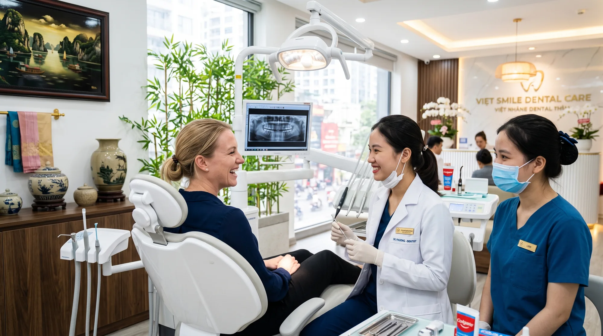 Guest laughing with a dentist in a modern Vietnam clinic