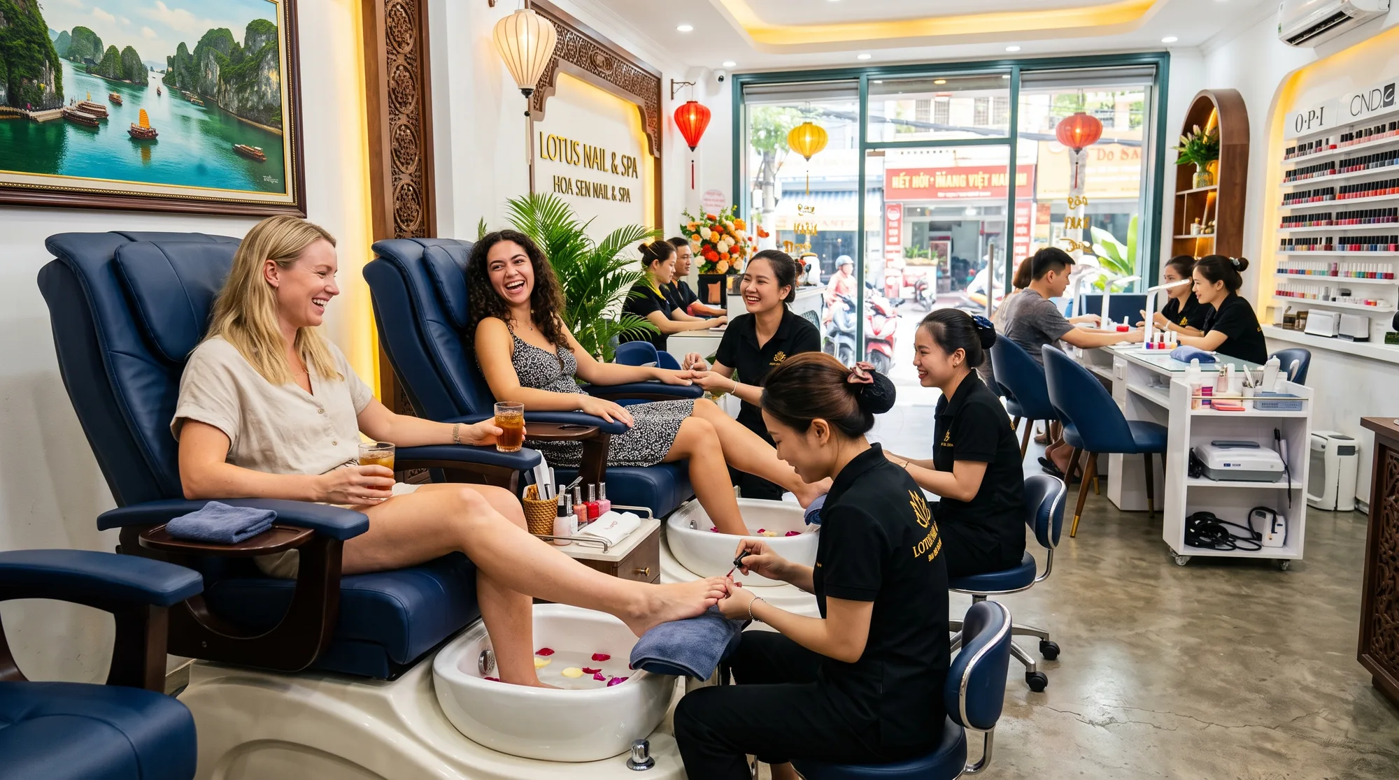 Guests relaxing with manicures and pedicures at a Vietnam nail spa