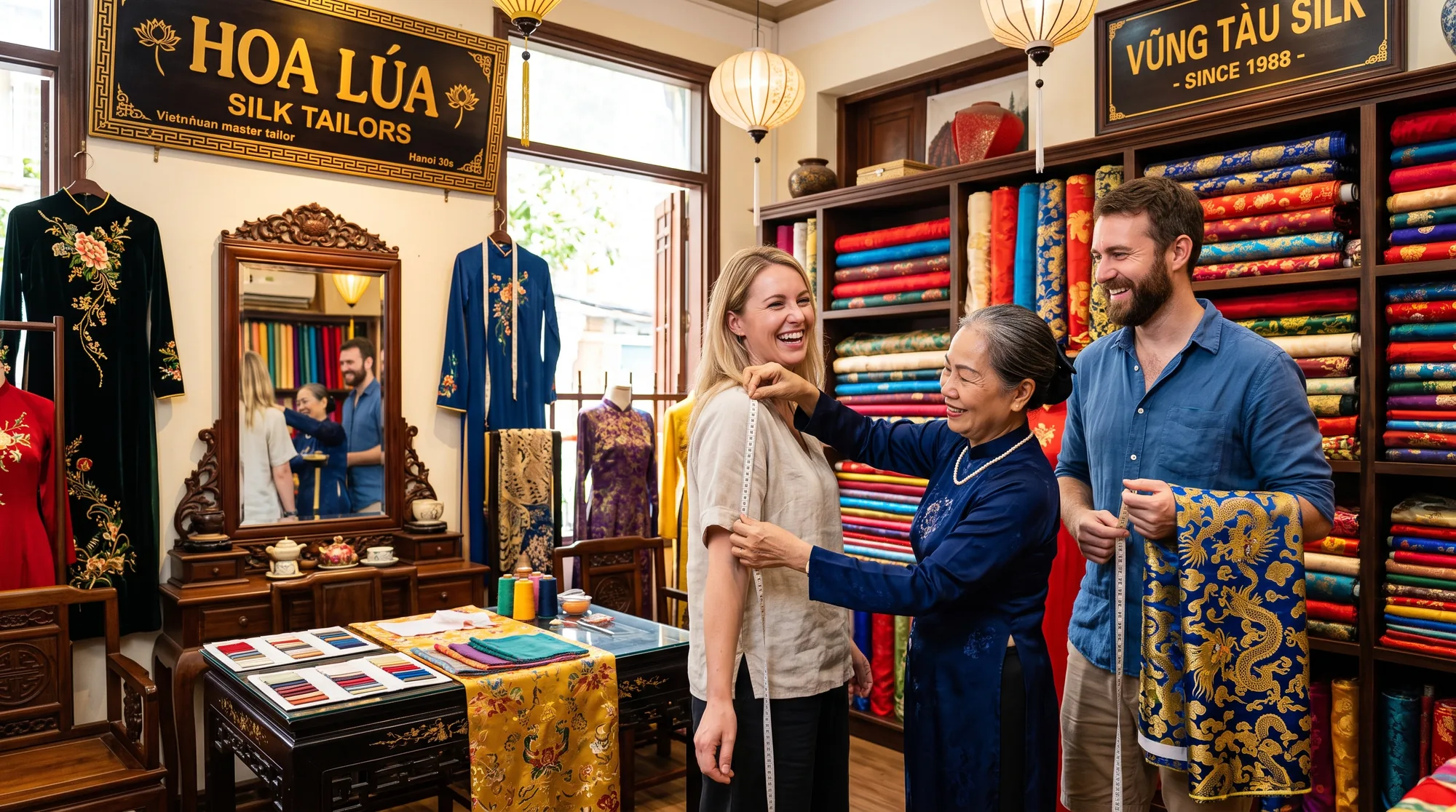 Guests being fitted for custom clothes at a Vietnamese silk tailor